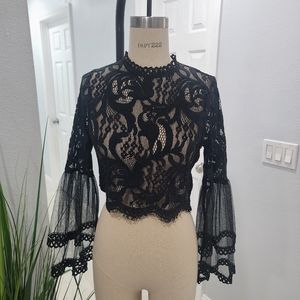 Long Bell Sleeve Black Lace Zip Back Blouse